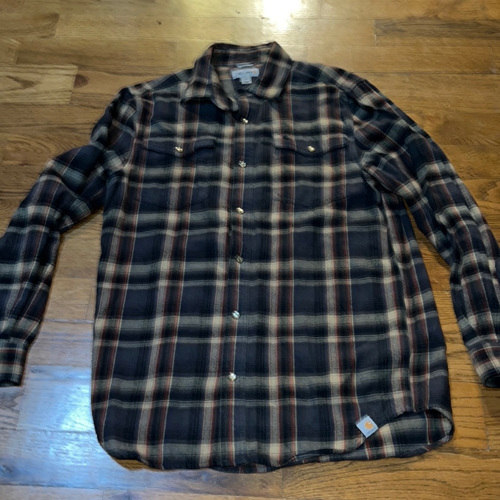 2014 Men's Carhartt Relaxed Fit Pearl Snap Long Sleeve Plaid Shirt sz Med